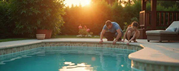 Piscine coque en cours d'installation dans un jardin avec lumière naturelle douce, composition équilibrée et espace négatif