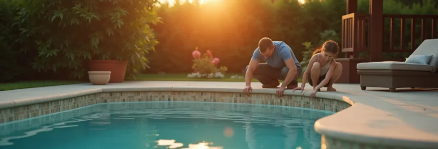 Piscine coque en cours d'installation dans un jardin avec lumière naturelle douce, composition équilibrée et espace négatif