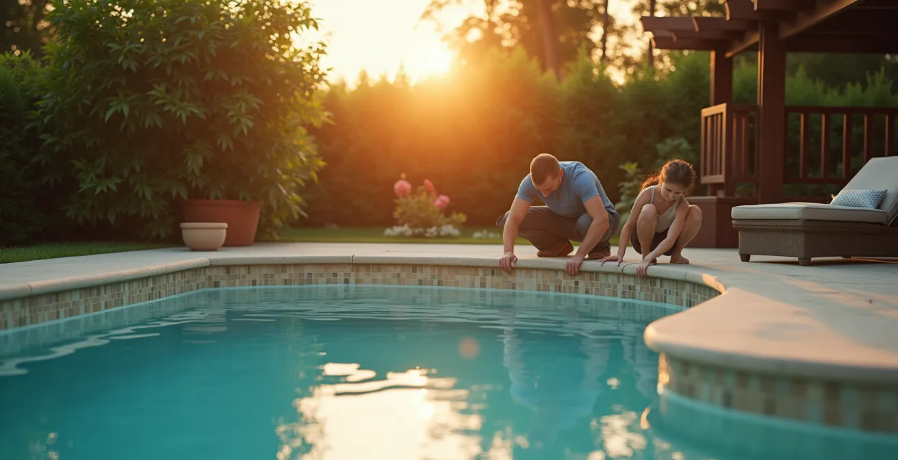 Piscine coque en cours d'installation dans un jardin avec lumière naturelle douce, composition équilibrée et espace négatif