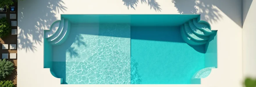 Vue aérienne d'une piscine coque avec table de calcul budgétaire en arrière-plan