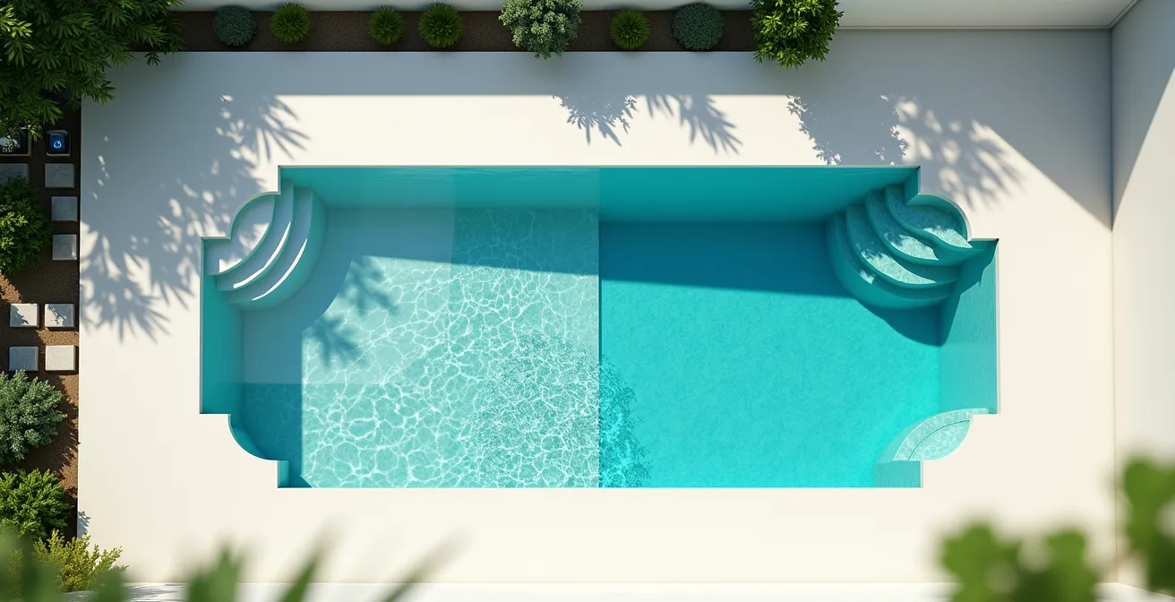 Vue aérienne d'une piscine coque avec table de calcul budgétaire en arrière-plan