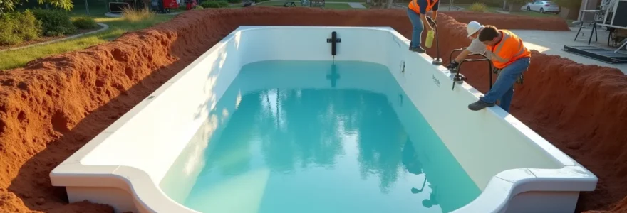 Vue d'ensemble d'une piscine coque en polyester lors de son installation dans un jardin