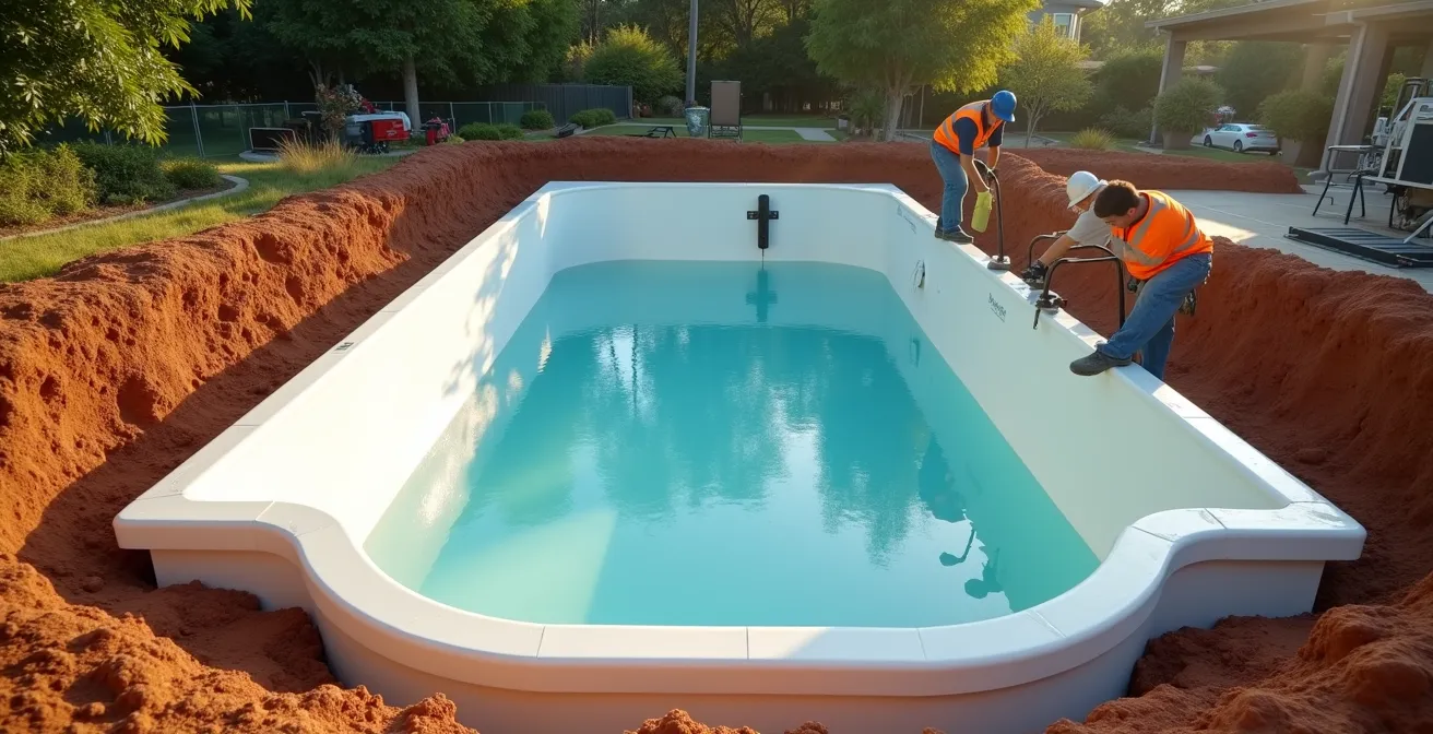 Vue d'ensemble d'une piscine coque en polyester lors de son installation dans un jardin