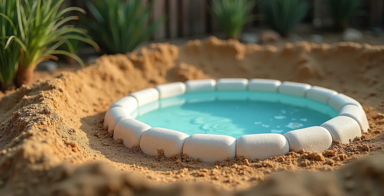 Vue environnementale minimaliste d'un terrain préparé avec remblai drainant autour d'une piscine coque