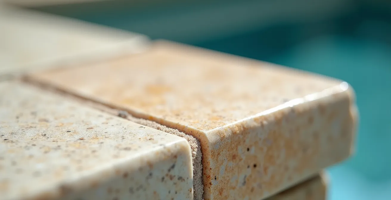 Détail de la transition entre une margelle en pierre et la coque lisse d'une piscine